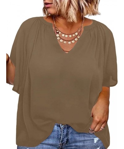 Plus Size Women T Shirts Casual V Neck Ruffles Sleeve Blouse Solid Color Summer Tunic Tops,XL-5XL 01_brown $14.24 Tops