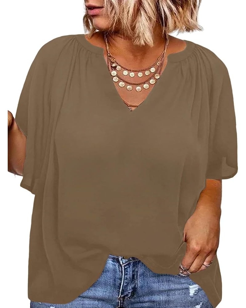 Plus Size Women T Shirts Casual V Neck Ruffles Sleeve Blouse Solid Color Summer Tunic Tops,XL-5XL 01_brown $14.24 Tops