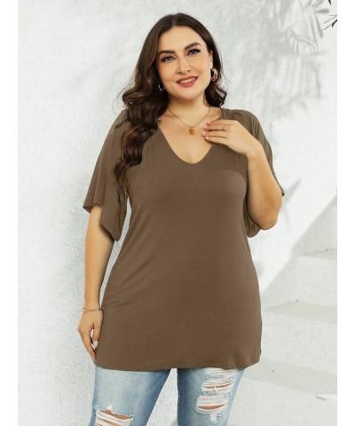 Plus Size Women T Shirts Casual V Neck Ruffles Sleeve Blouse Solid Color Summer Tunic Tops,XL-5XL 01_brown $14.24 Tops