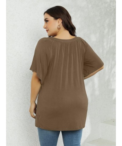 Plus Size Women T Shirts Casual V Neck Ruffles Sleeve Blouse Solid Color Summer Tunic Tops,XL-5XL 01_brown $14.24 Tops