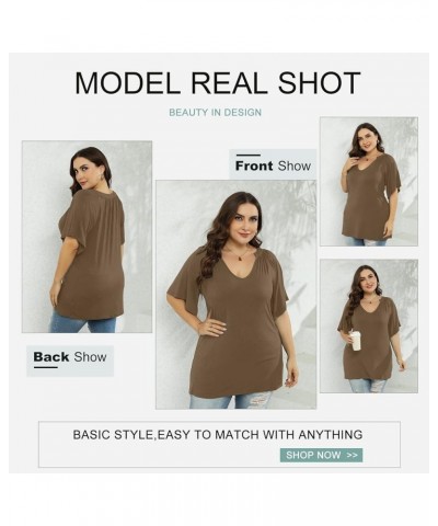 Plus Size Women T Shirts Casual V Neck Ruffles Sleeve Blouse Solid Color Summer Tunic Tops,XL-5XL 01_brown $14.24 Tops