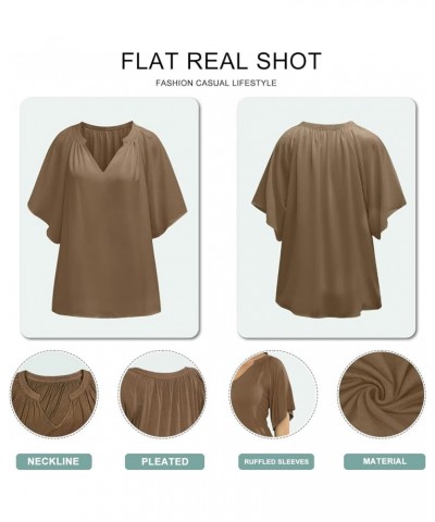 Plus Size Women T Shirts Casual V Neck Ruffles Sleeve Blouse Solid Color Summer Tunic Tops,XL-5XL 01_brown $14.24 Tops