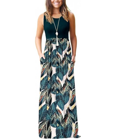 Women's Summer Sleeveless Loose Maxi Dress Casual Long Dress with Pockets 02-green Leaf Print $23.51 Dresses