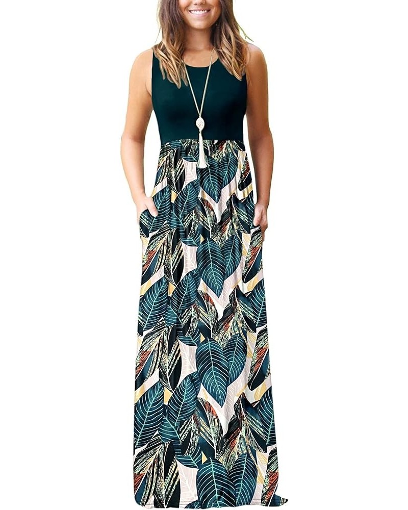 Women's Summer Sleeveless Loose Maxi Dress Casual Long Dress with Pockets 02-green Leaf Print $23.51 Dresses