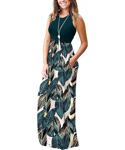 Women's Summer Sleeveless Loose Maxi Dress Casual Long Dress with Pockets 02-green Leaf Print $23.51 Dresses