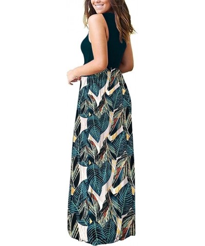 Women's Summer Sleeveless Loose Maxi Dress Casual Long Dress with Pockets 02-green Leaf Print $23.51 Dresses