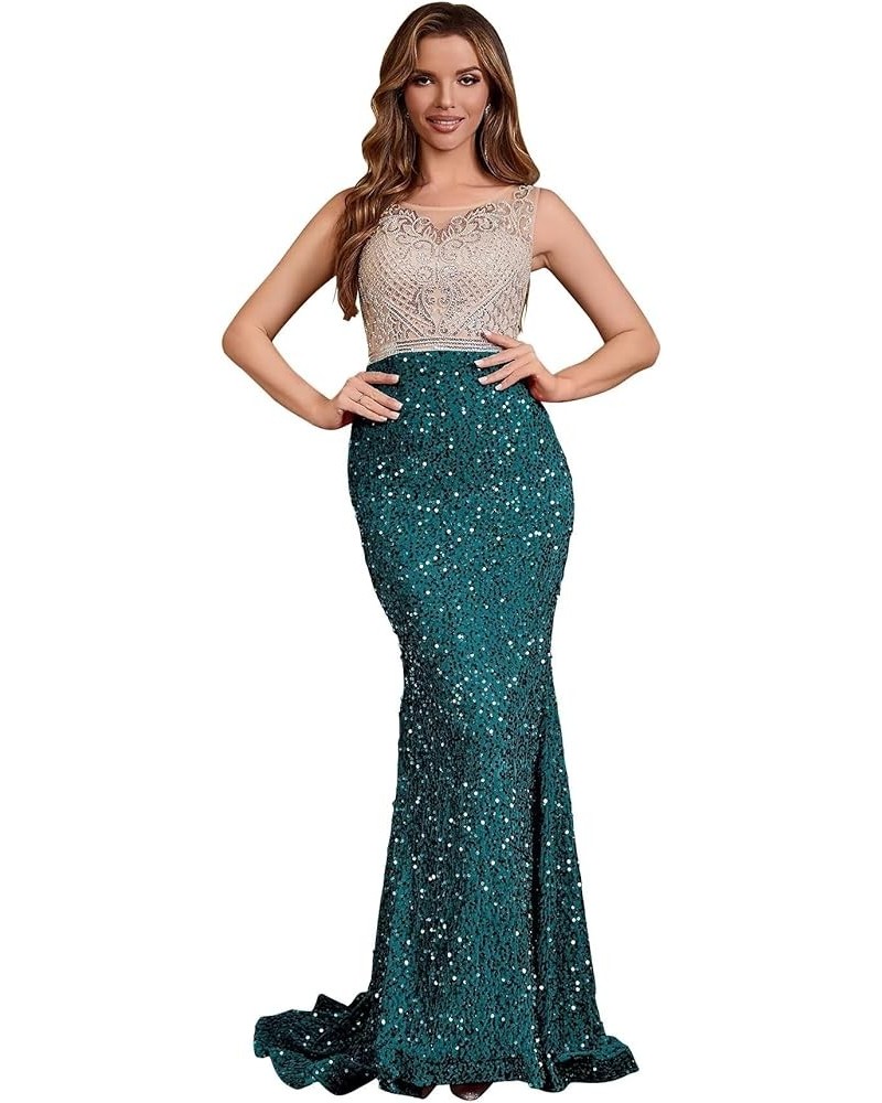 Sequin Prom Dresses for Women Long Mermaid Lace Beaded Formal Evening Dress Tulle Sparkly Prom Party Gown Peacock Green $34.4...