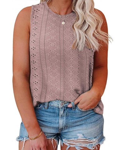 Womens-Plus-Size-Tank-Tops Summer Sleeveless Eyelet Shirts Round Neck Tunics Flowy Classic Tees 10_pink $11.75 Tanks