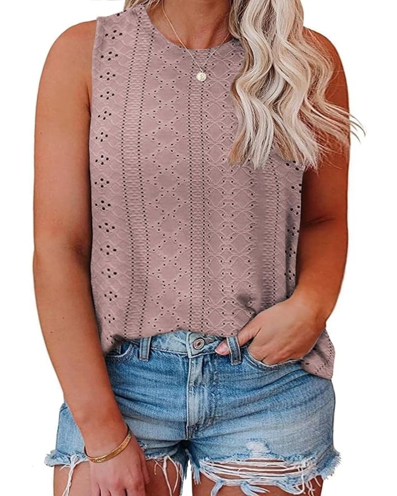 Womens-Plus-Size-Tank-Tops Summer Sleeveless Eyelet Shirts Round Neck Tunics Flowy Classic Tees 10_pink $11.75 Tanks