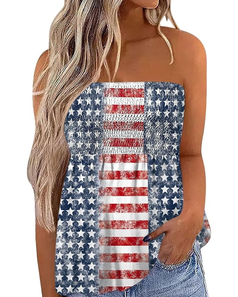 4th of July Womens Strapless Smocked Bandeau Tube Tops Summer Blackless Tunic Shirts Pleated Tank Tops American Flag $11.75 T...