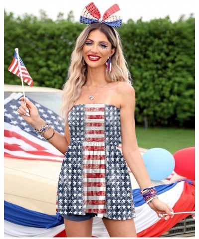 4th of July Womens Strapless Smocked Bandeau Tube Tops Summer Blackless Tunic Shirts Pleated Tank Tops American Flag $11.75 T...