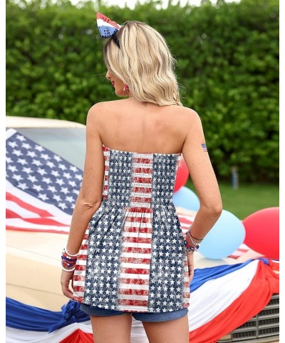 4th of July Womens Strapless Smocked Bandeau Tube Tops Summer Blackless Tunic Shirts Pleated Tank Tops American Flag $11.75 T...