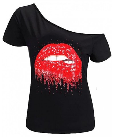 Women’s Short Lips Print Causal Off The Shoulder Plus Size T-Shirt Tops Black+star $14.78 T-Shirts