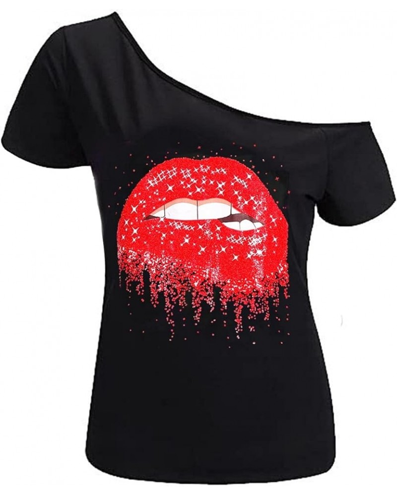 Women’s Short Lips Print Causal Off The Shoulder Plus Size T-Shirt Tops Black+star $14.78 T-Shirts