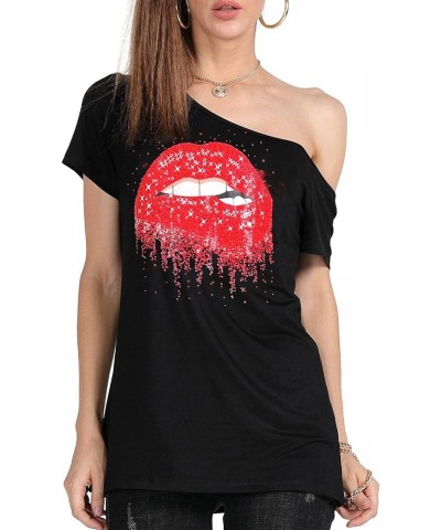 Women’s Short Lips Print Causal Off The Shoulder Plus Size T-Shirt Tops Black+star $14.78 T-Shirts