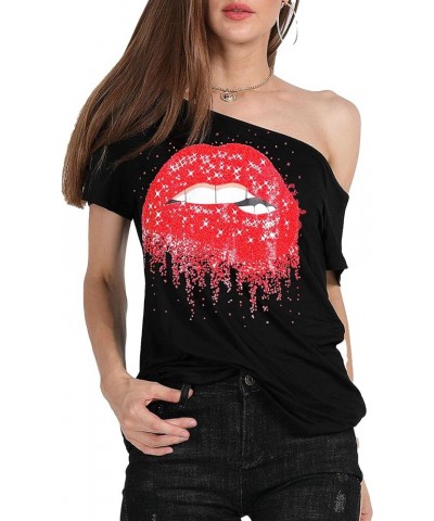 Women’s Short Lips Print Causal Off The Shoulder Plus Size T-Shirt Tops Black+star $14.78 T-Shirts