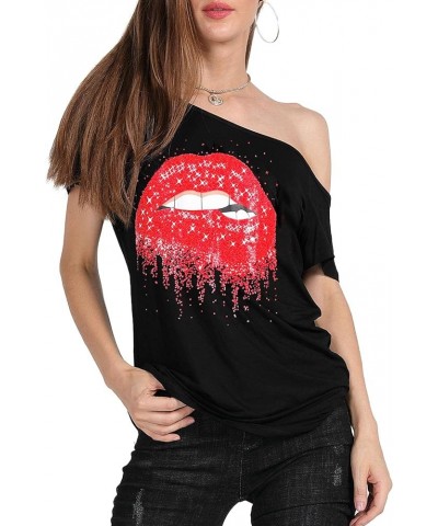 Women’s Short Lips Print Causal Off The Shoulder Plus Size T-Shirt Tops Black+star $14.78 T-Shirts