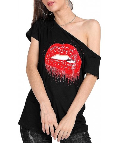 Women’s Short Lips Print Causal Off The Shoulder Plus Size T-Shirt Tops Black+star $14.78 T-Shirts