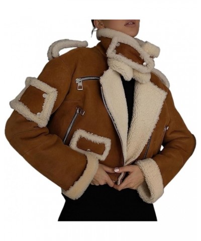 Winter Fur-Lined Jackets, Faux Suede Leather Jacket, Fur Patchwork Moto Biker Zipper Jacket Brown $35.14 Coats