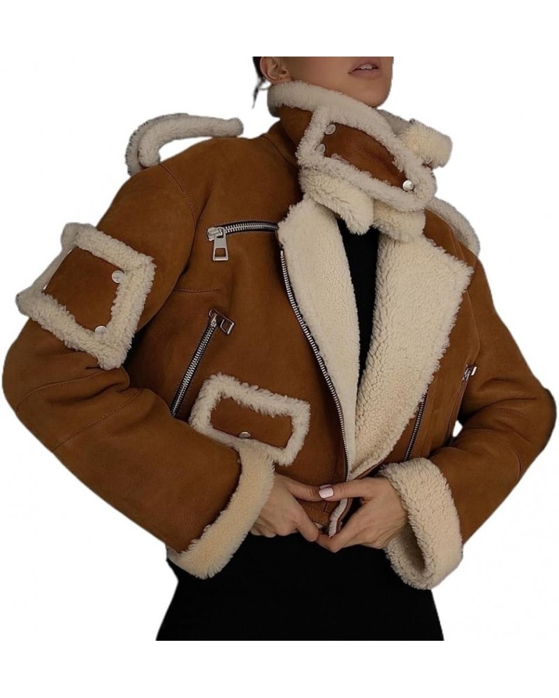 Winter Fur-Lined Jackets, Faux Suede Leather Jacket, Fur Patchwork Moto Biker Zipper Jacket Brown $35.14 Coats