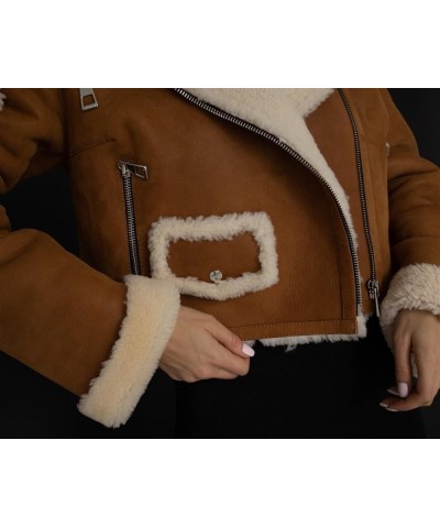 Winter Fur-Lined Jackets, Faux Suede Leather Jacket, Fur Patchwork Moto Biker Zipper Jacket Brown $35.14 Coats