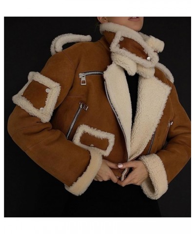 Winter Fur-Lined Jackets, Faux Suede Leather Jacket, Fur Patchwork Moto Biker Zipper Jacket Brown $35.14 Coats