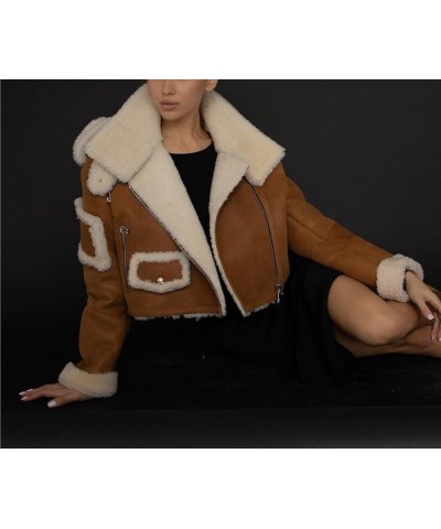 Winter Fur-Lined Jackets, Faux Suede Leather Jacket, Fur Patchwork Moto Biker Zipper Jacket Brown $35.14 Coats