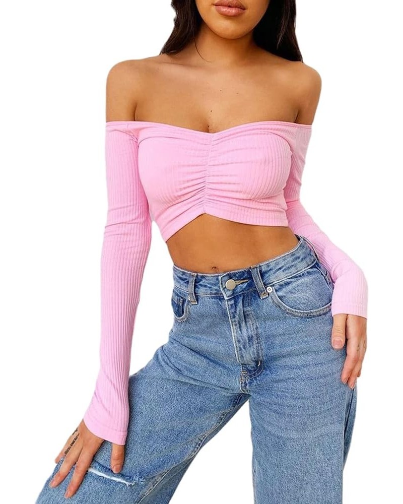 Off Shoulder Tops for Women Long Sleeve Y2K Shirt E-Girls Sexy Slim Fit Backless Streetwear Club Top Ribbed Crop Top Pink $8....