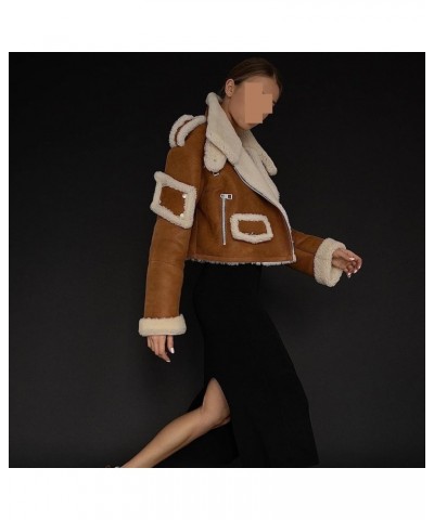 Winter Fur-Lined Jackets, Faux Suede Leather Jacket, Fur Patchwork Moto Biker Zipper Jacket Brown $35.14 Coats