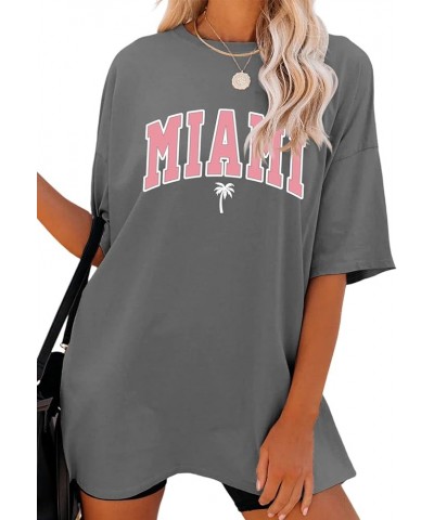 Women Florida Letter Graphic Print Tee Shirt Oversized Short Sleeve Crew Neck Drop Shoulder Casual T-Shirt Tops Miami-grey $1...