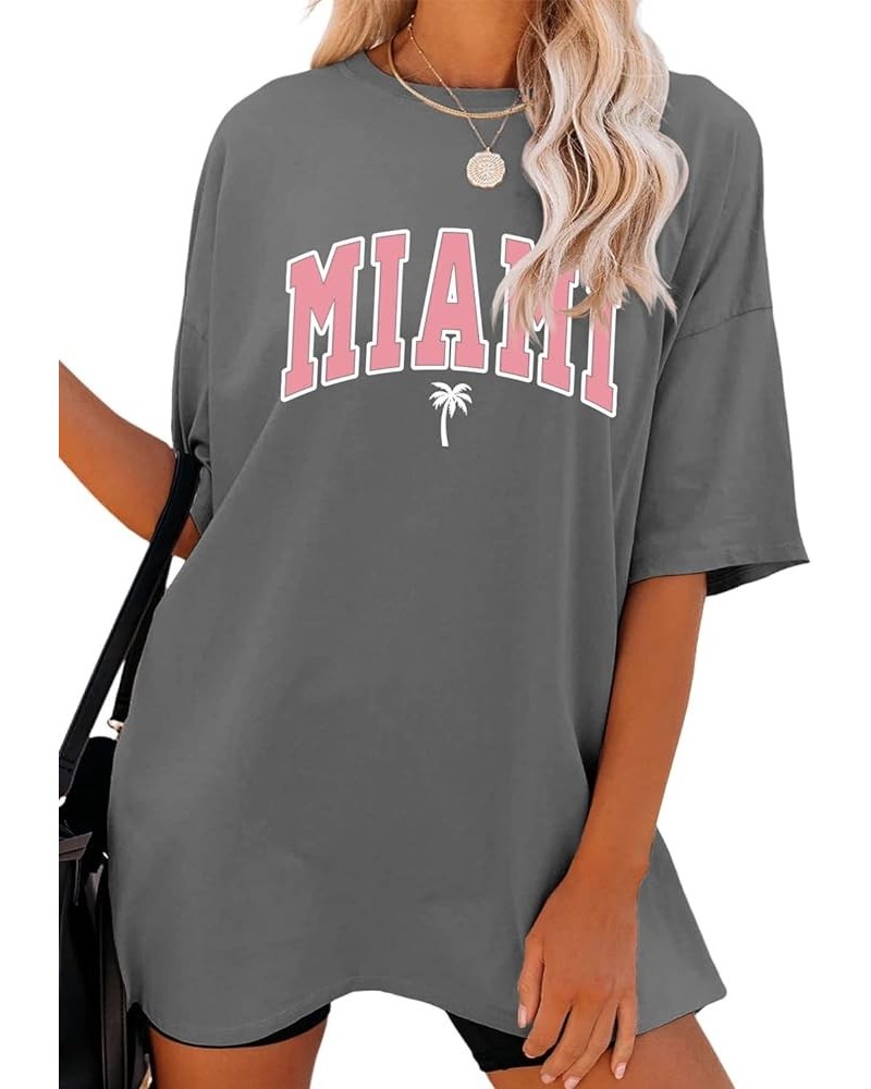 Women Florida Letter Graphic Print Tee Shirt Oversized Short Sleeve Crew Neck Drop Shoulder Casual T-Shirt Tops Miami-grey $1...