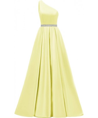 One Shoulder Prom Dress Long Beaded Belt Satin Formal Evening Ball Gowns Women 2023 Yellow $38.00 Dresses