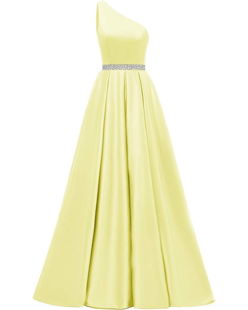 One Shoulder Prom Dress Long Beaded Belt Satin Formal Evening Ball Gowns Women 2023 Yellow $38.00 Dresses