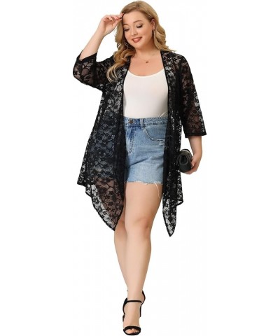 Plus Size Cardigans for Women Open Front 3/4 Sleeves Crochet Cover Ups Jackets 2024 Black $17.76 Sweaters