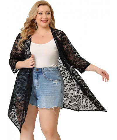 Plus Size Cardigans for Women Open Front 3/4 Sleeves Crochet Cover Ups Jackets 2024 Black $17.76 Sweaters