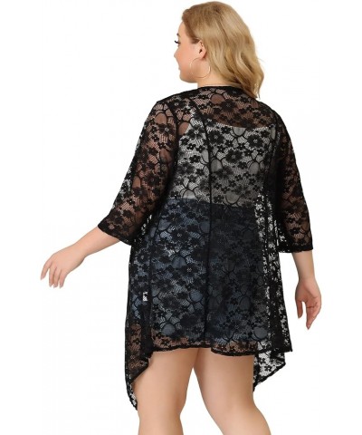 Plus Size Cardigans for Women Open Front 3/4 Sleeves Crochet Cover Ups Jackets 2024 Black $17.76 Sweaters