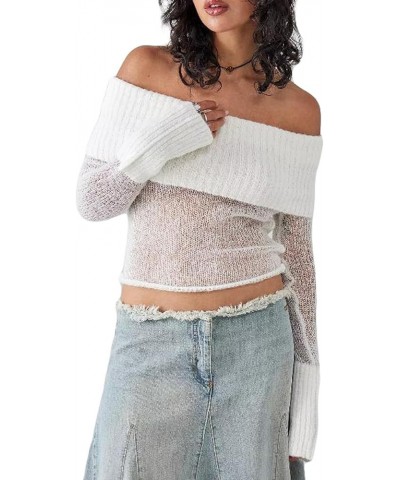 Women Y2k Off The Shoulder Knit Top Sexy Long Sleeve Slim Fit Crop Tees Shirt Pullover Sweater Top Streetwear Sheer-white $14...