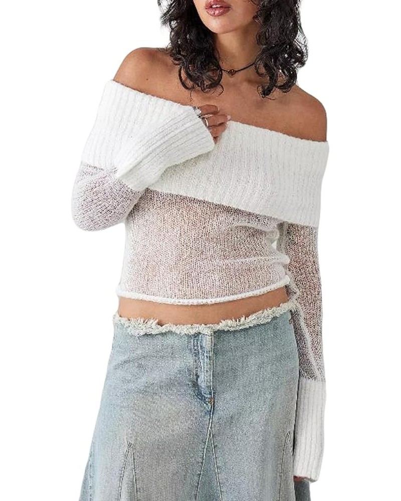 Women Y2k Off The Shoulder Knit Top Sexy Long Sleeve Slim Fit Crop Tees Shirt Pullover Sweater Top Streetwear Sheer-white $14...