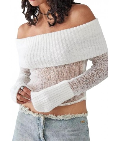 Women Y2k Off The Shoulder Knit Top Sexy Long Sleeve Slim Fit Crop Tees Shirt Pullover Sweater Top Streetwear Sheer-white $14...