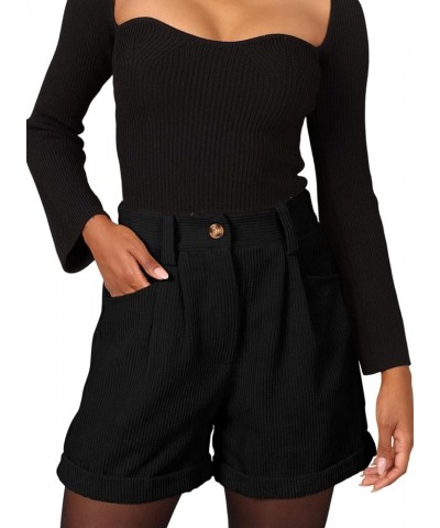 Womens Casual Corduroy Shorts High Waist Roll Up Elastic Relaxed Fit Shorts for Women with Pockets Black $18.28 Shorts