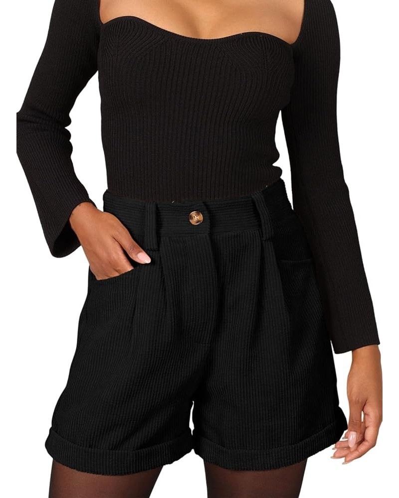 Womens Casual Corduroy Shorts High Waist Roll Up Elastic Relaxed Fit Shorts for Women with Pockets Black $18.28 Shorts