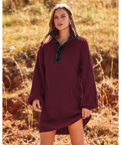 Womens Fall Fashion 2024 Oversized Sweater Dress Casual Button V Neck Long Sleeve Pockets Chunky Knit Pullover Wine Red $12.5...