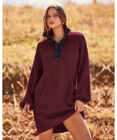 Womens Fall Fashion 2024 Oversized Sweater Dress Casual Button V Neck Long Sleeve Pockets Chunky Knit Pullover Wine Red $12.5...