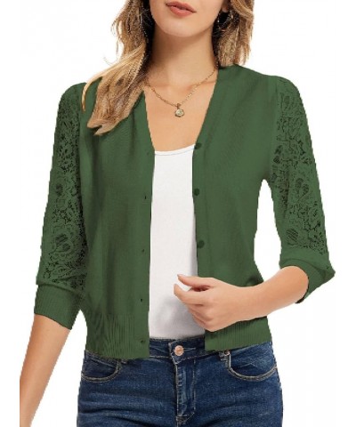 Women's Summer Cardigan Lightweight V Neck Lace 3/4 Sleeve Button Front Sweaters Green $15.40 Sweaters