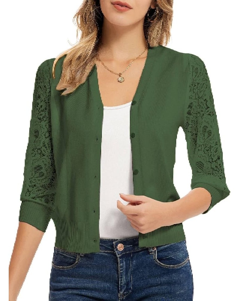 Women's Summer Cardigan Lightweight V Neck Lace 3/4 Sleeve Button Front Sweaters Green $15.40 Sweaters