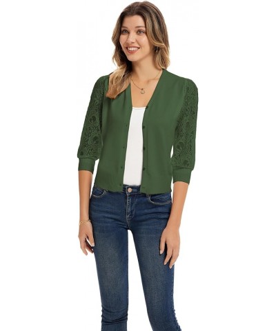 Women's Summer Cardigan Lightweight V Neck Lace 3/4 Sleeve Button Front Sweaters Green $15.40 Sweaters