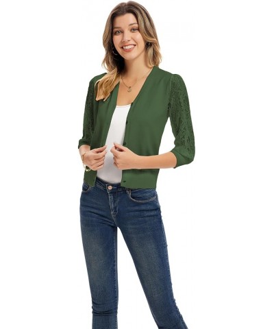 Women's Summer Cardigan Lightweight V Neck Lace 3/4 Sleeve Button Front Sweaters Green $15.40 Sweaters