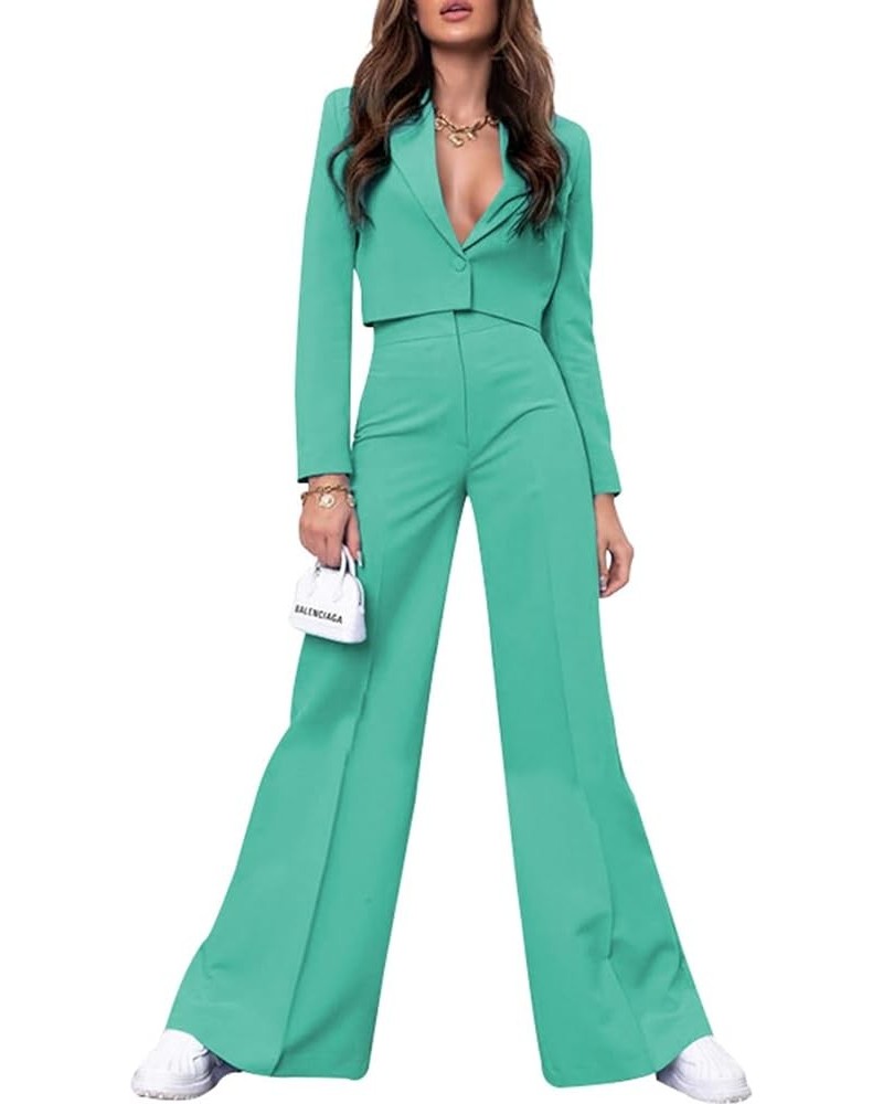 Women's Business Casual Outfits Lightweight Blazer Jacket and Wide Leg Pants Suit Set C-cyan(go Up a Size) $30.55 Suits