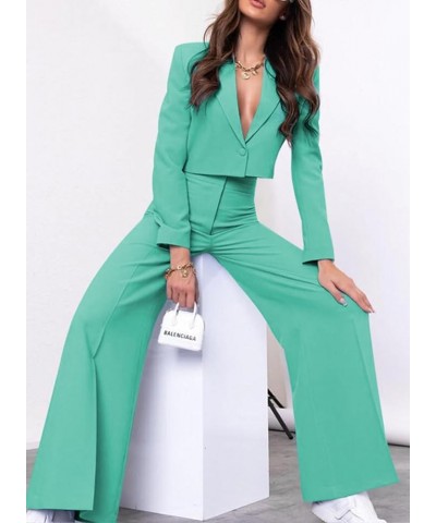 Women's Business Casual Outfits Lightweight Blazer Jacket and Wide Leg Pants Suit Set C-cyan(go Up a Size) $30.55 Suits