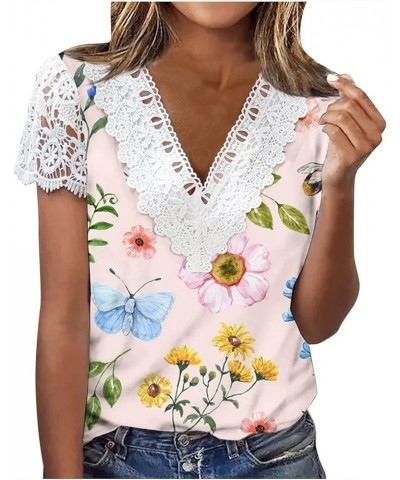 Cute Blouses for Women Trendy Guipure Lace Trim Tunic Top Short Sleeve Crochet Floral Tops Dressy Casual T-Shirt Loose 3 Pink...